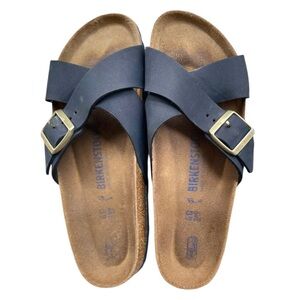 Birkenstock Navy Blue Cross-Strap Sandals with Brass Buckles